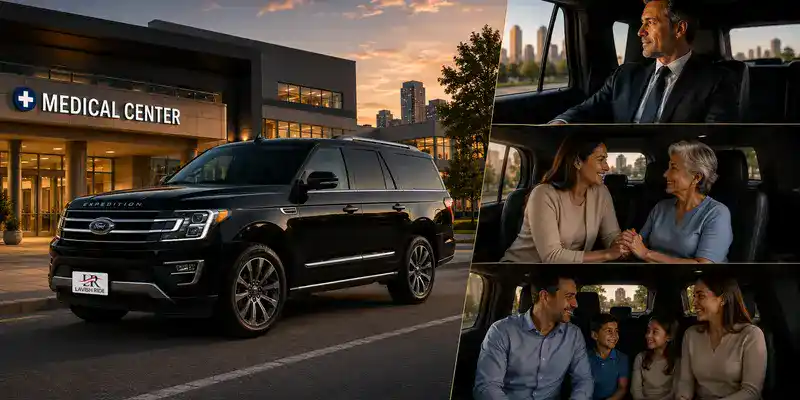 Luxury black Ford Expedition parked outside a medical center at sunset with the official Lavish Ride logo on the front license plate, alongside scenes of a business executive, a caregiver accompanying a senior passenger, and a family enjoying spacious, comfortable private transportation.
